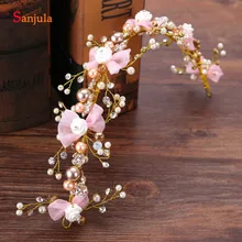 Золотые свадебные оголовье с розовым бантом Кристалл жемчугом свадебные аксессуары для головы Для женщин вечерние украшения T080