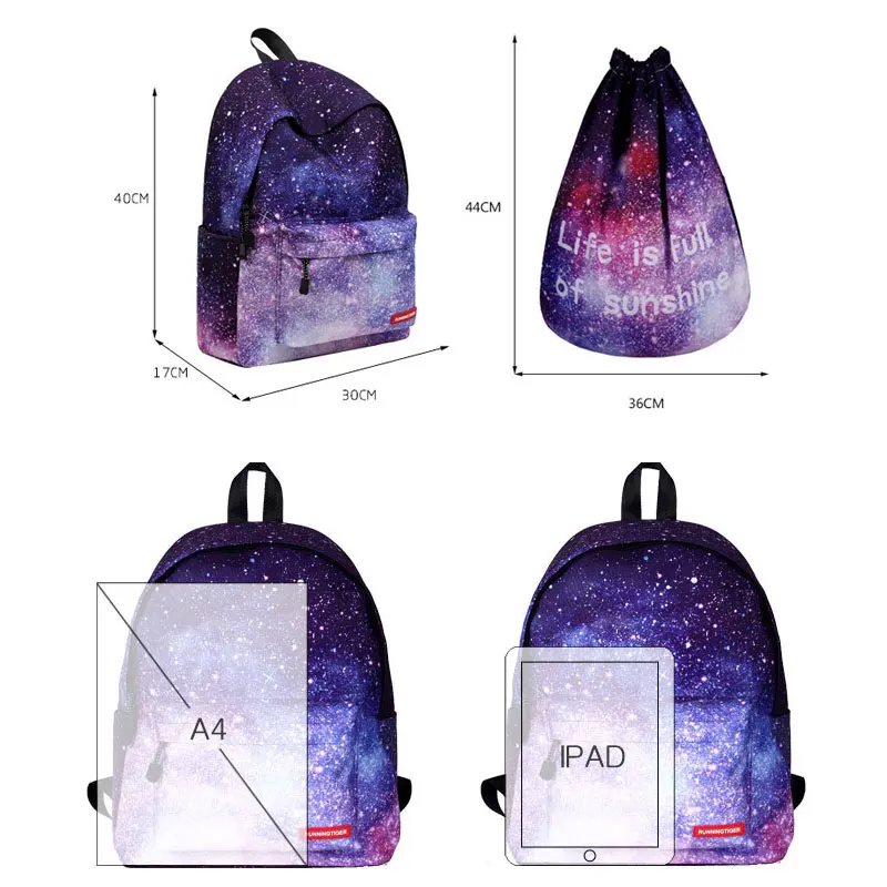  Galaxy Star Space Printing Girl Men Women Mini Canvas Backpack Set Junior High School Drawstring Ba - 33057996801
