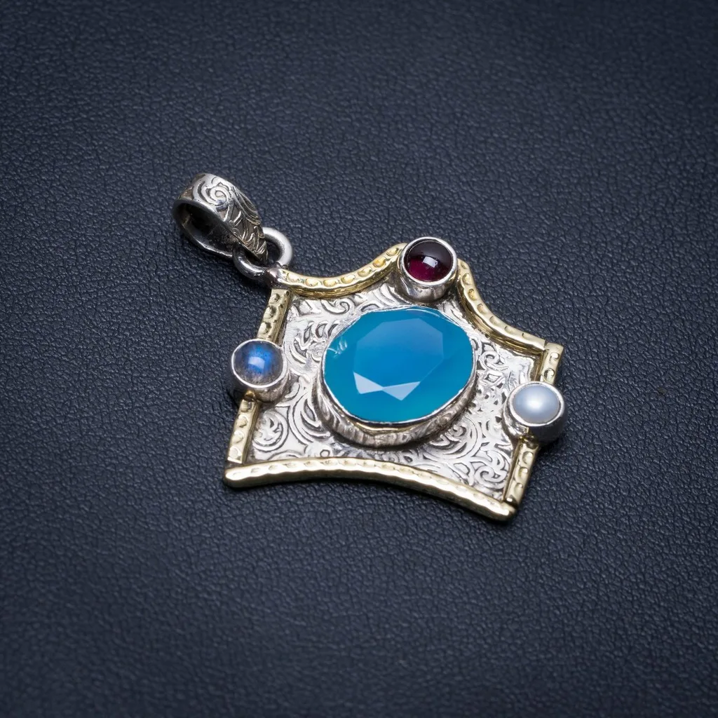 

Natural Chalcedony,River Pearl,Amethyst and Labradorite 925 Sterling Silver Pendant 1 1/2" S0364