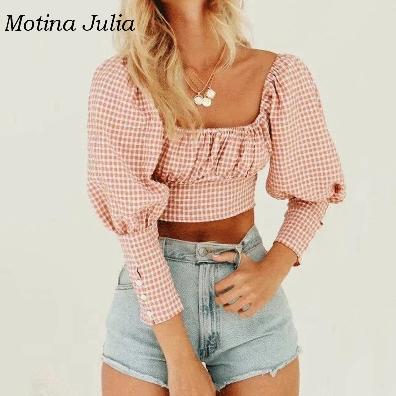 Женские блузки в клетку Motina Julia розовые хлопковые топы с рукавами-фонариками и