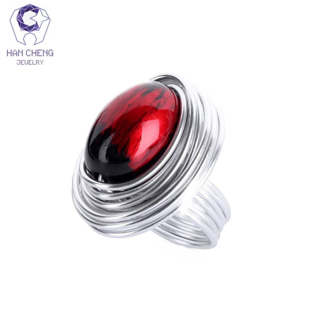 

HanCheng Fashion Multi Color Wind Metal Wire Craft Stone Handmade Wooden Beads Ring Big Oval Rings For Women Jewelry Gem Bijoux