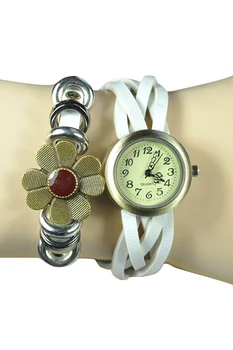 

YCYS-Women's Retro Weave Wrap Flower Faux Leather Bracelet Wrist Watch White