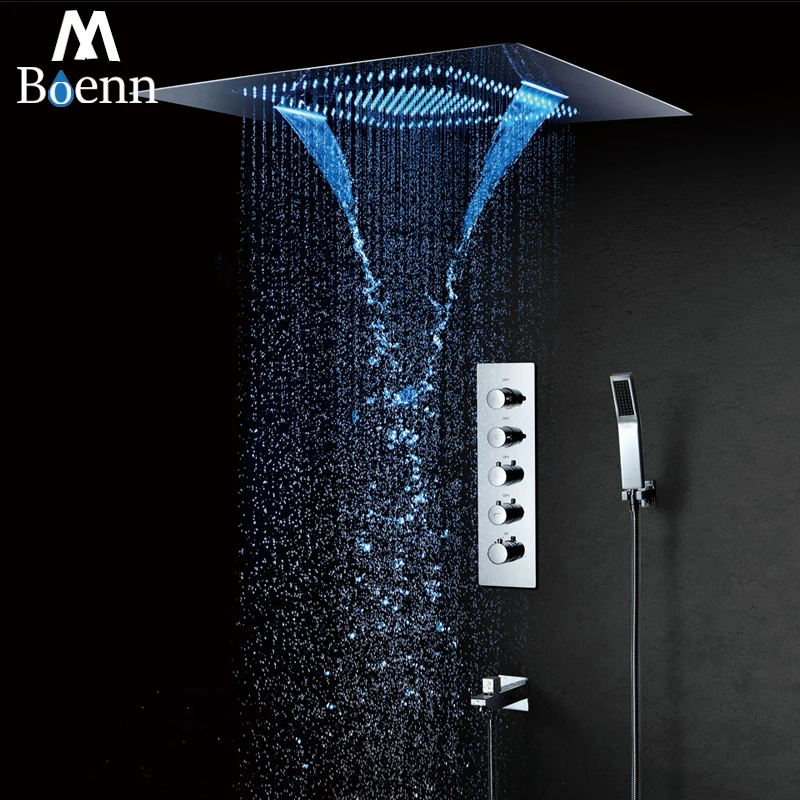 Rainfall LED Showerhead 60*80cm Waterfall Shower Heads Misty Thermostatic Shower Faucet Mixer Ceiling Mounted Shower Set 304SUS