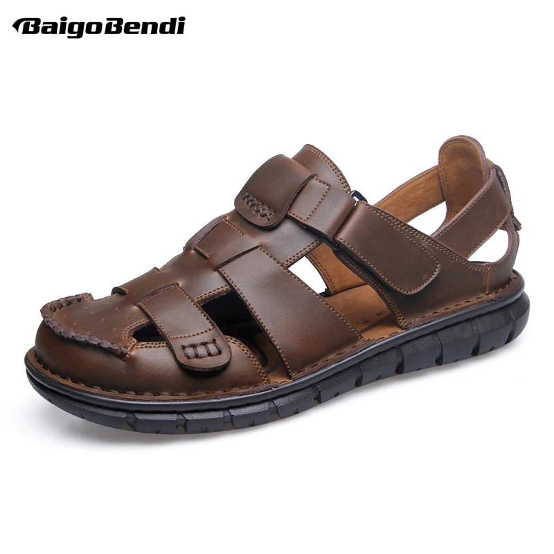 

Summer Man Real Leather Close Toe Hook Loop Sandals Comfy Fisherman Outdoor Hollowed-Out Beach Shoes Men Casual Sandals