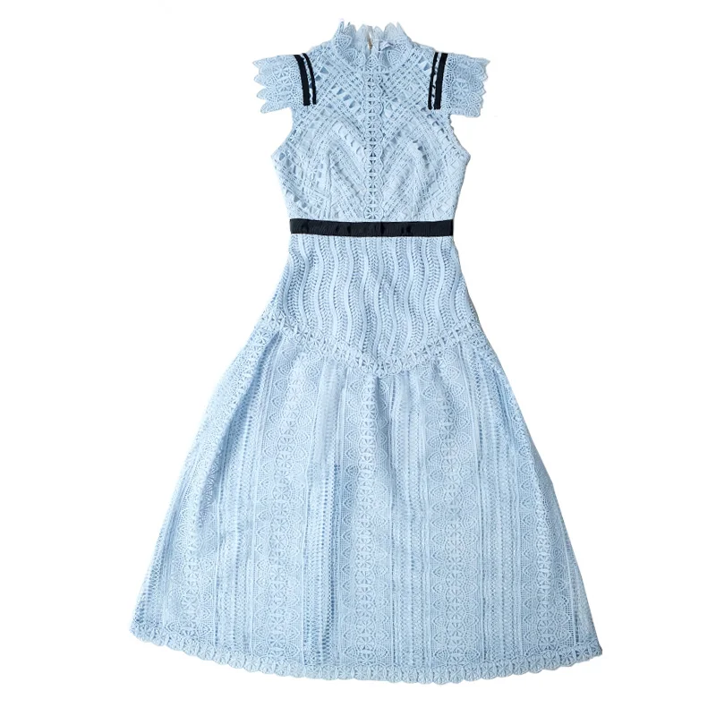 blue abstract triangle lace midi dress