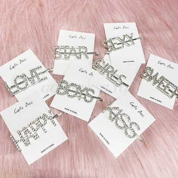 

Sweet Girls Korean Style Capital Alphabet Funny Letters Hairpins Glitter Rhinestone Embellishment Side Straight Hair Clips Women