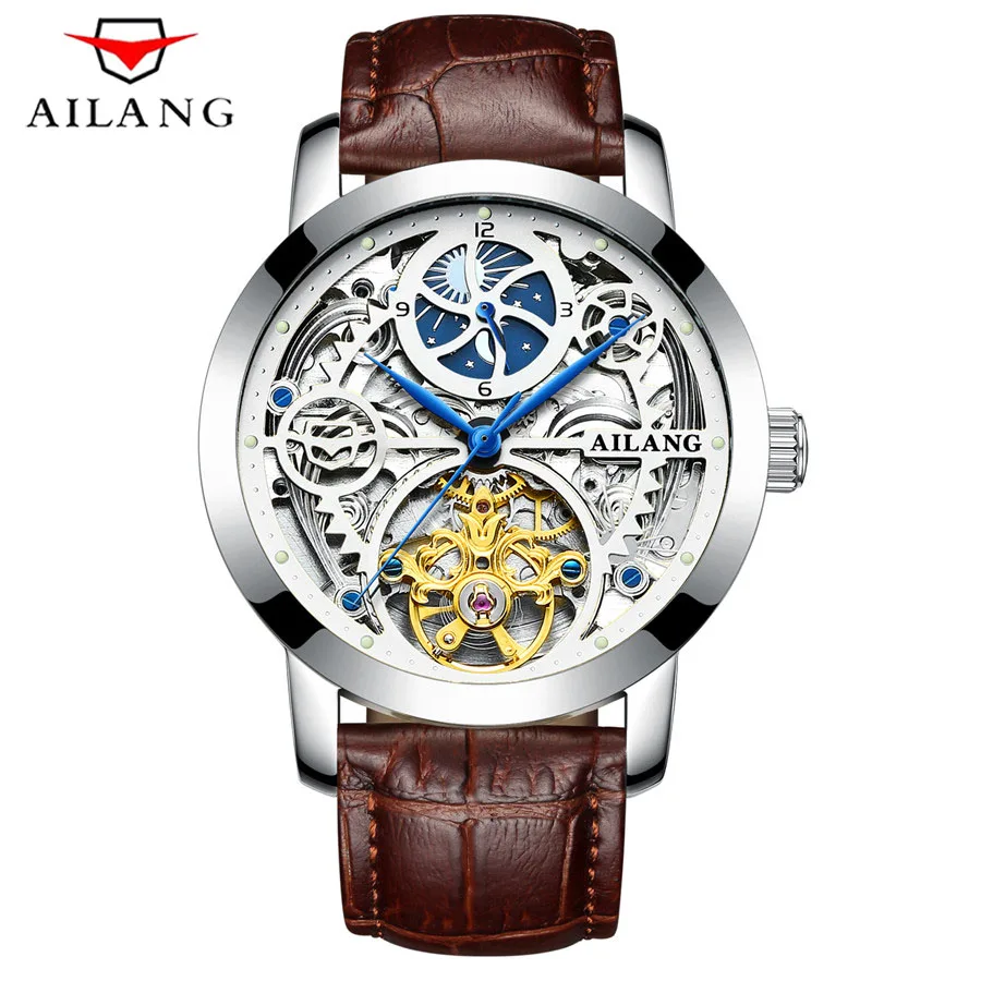 Ailang الجديد 2018 الرجال أوتوماتيكية بالكامل توربيون موضة الماركات الفاخرة جلد رجل noctilucent الساعات