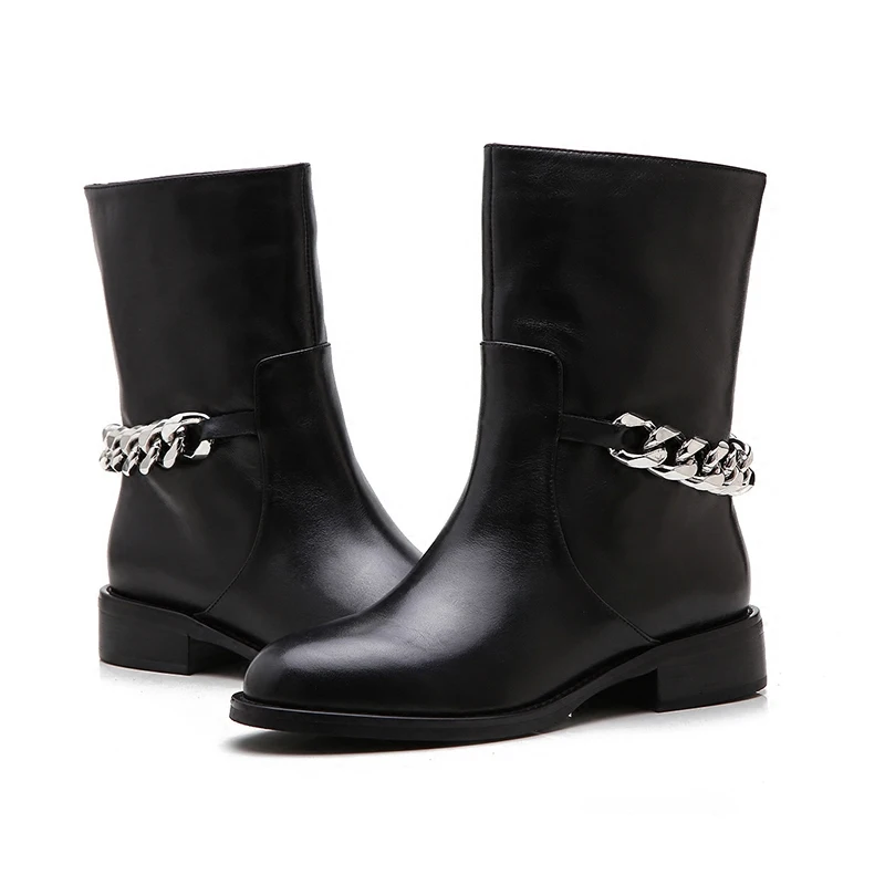 Alta Botas De Black Negro Leather Cadena Knight Cuero Mujeres Moda Redonda Real Punta Rodilla Ankle Espalda Botines black Zapatos 2018 Invierno Señora Mujer Long La xd6IXqX