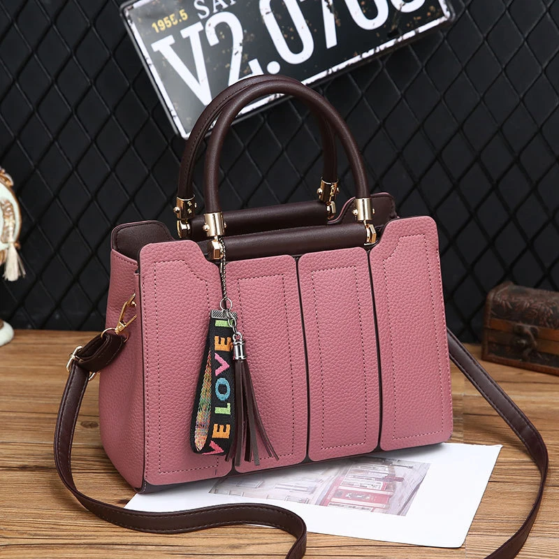 Женская сумка, женская кожаная сумка, сумка через плечо, женская сумка на плечо, подвеска с кисточкой, пэчворк, винтажные заклепки, повседневные сумки, большие - Цвет: Розовый