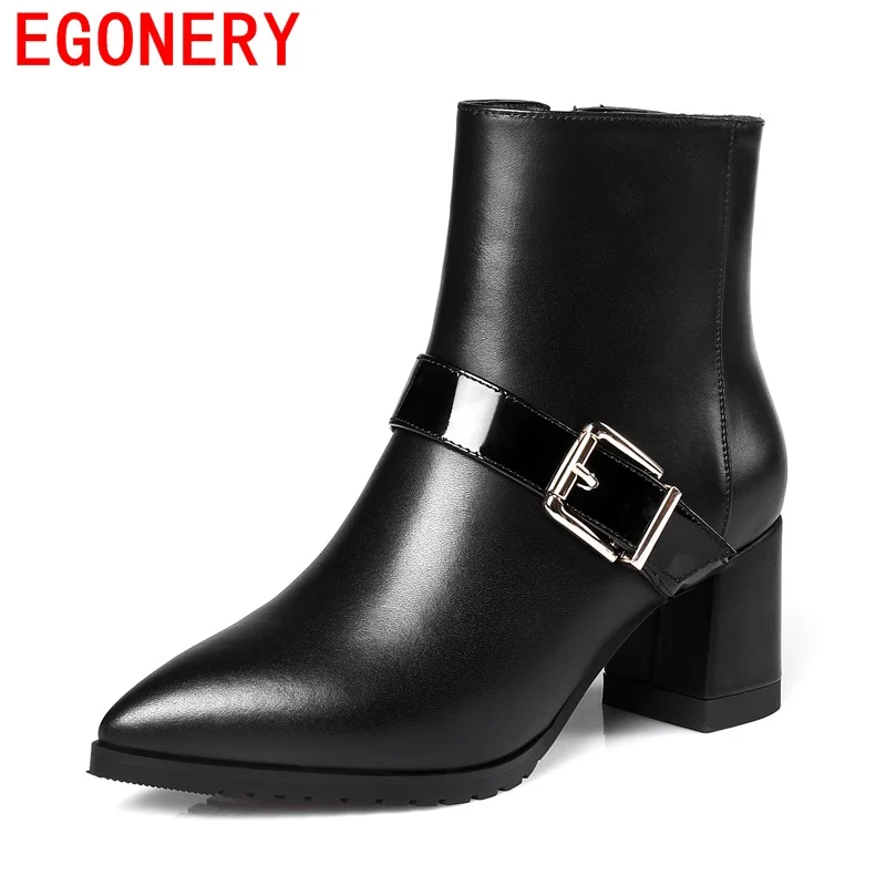 

EGONERY ankle boots fashion neutral style pointed toe solid buckle women side zipper mature genuine leather soft winter boots