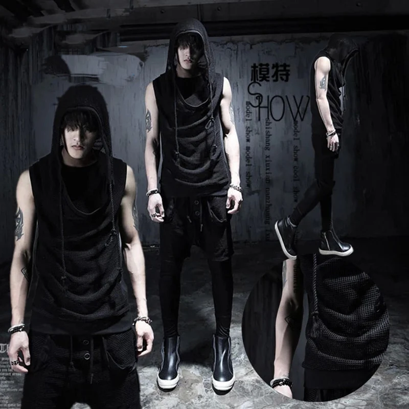 

Trendy Avant-garde Designer DJ Men's Costume Mesh Hooded Sleeveless Vest Fit Mens Tank Tops For Summer Clothing