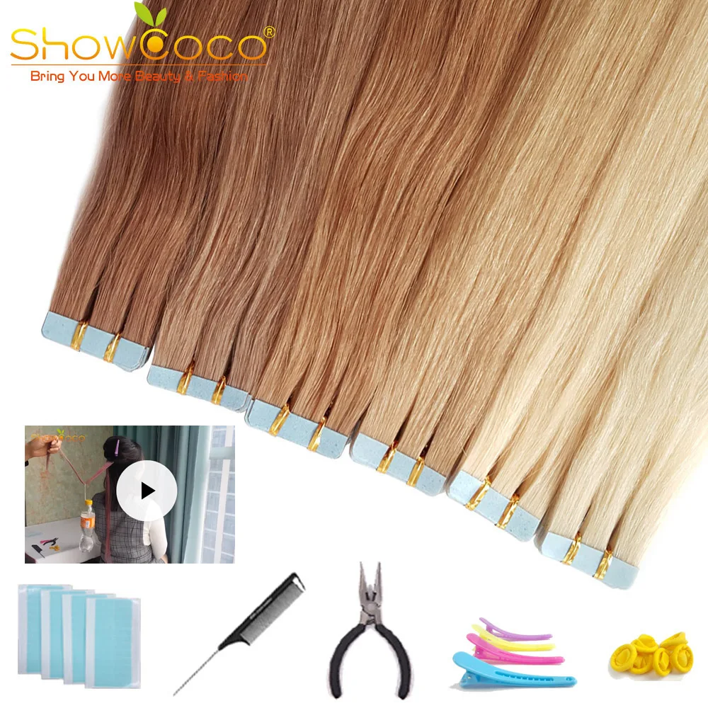 

ShowCoco Real Human Hair Tape Extensions Popular Colored Hair Strands Seamless Invisible Extensions #1,#1b,#2,#4,#30,#33,#27,#60
