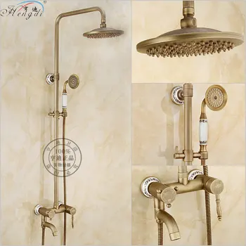 

Bathroom Retro antique copper Brass Shower Set Wall Mounted Phone Ceramic Handheld Mixer Tap Faucet 3-functions Mixer Valve