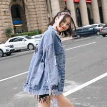 SexeMara модные новые свободные письмо отверстие, вышивка джинсовая куртка