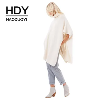 

HDY Haoduoyi Fashion Long Knit Top Poncho Cape Sweatshirts Beige Short Sleeve High Neck Jumper Autumn Pullovers Female