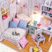 Наборы DIY деревянный кукольный домик ручной работы миниатюрная кровать с светодиодный+ мебель+ крышка магия