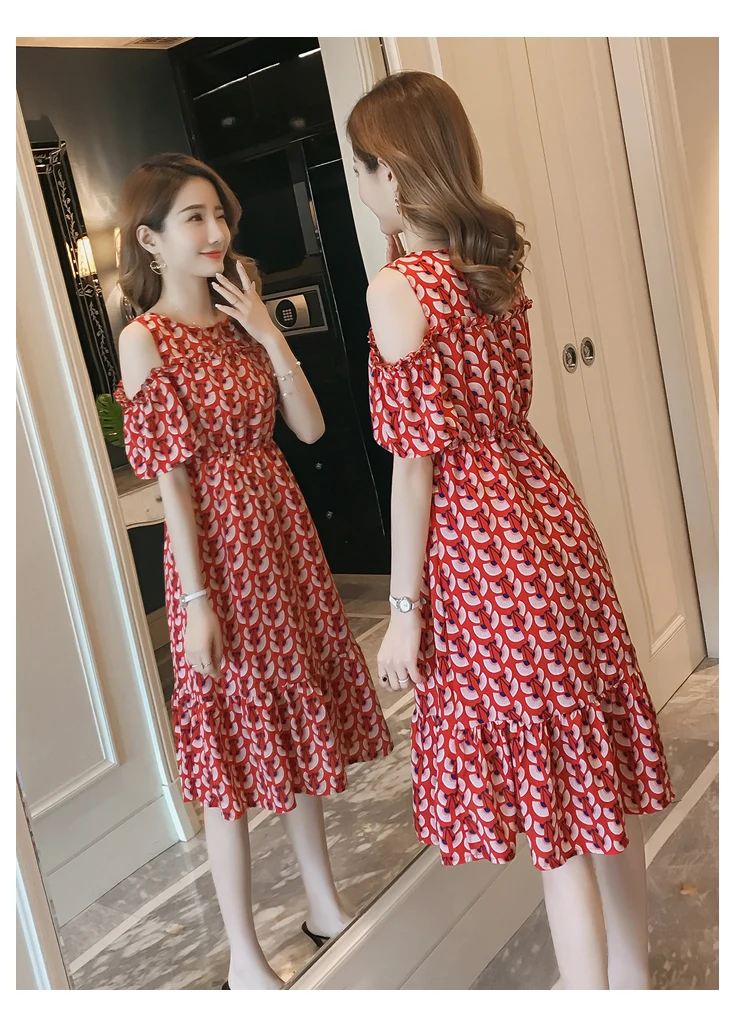 off-the-shoulder беременных женщин летнее платье Корейская версия Уайлд Высокая талия шифоновая юбка с цветочным принтом Грудное вскармливание юбка