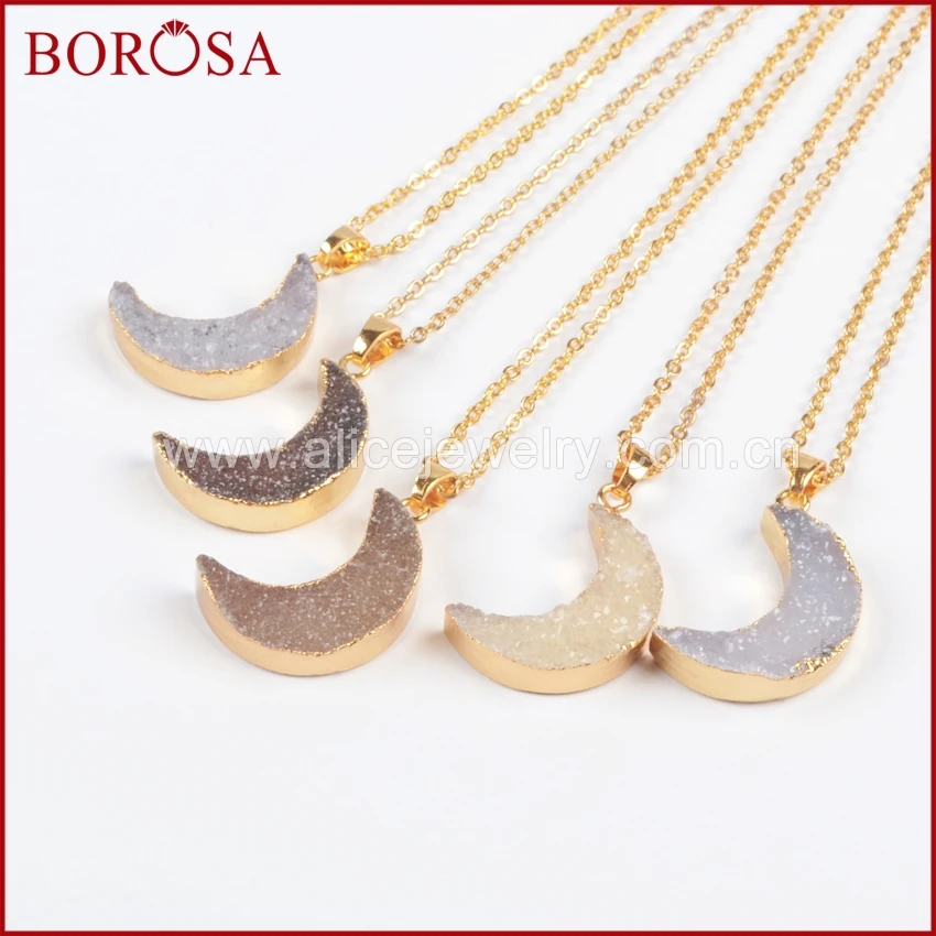 

BOROSA 5PCS NEW Gold Color Moon Shape Natural Agates Druzy Geode Pendant Bead Crescent Drusy for Necklace Jewelry as gift G0875