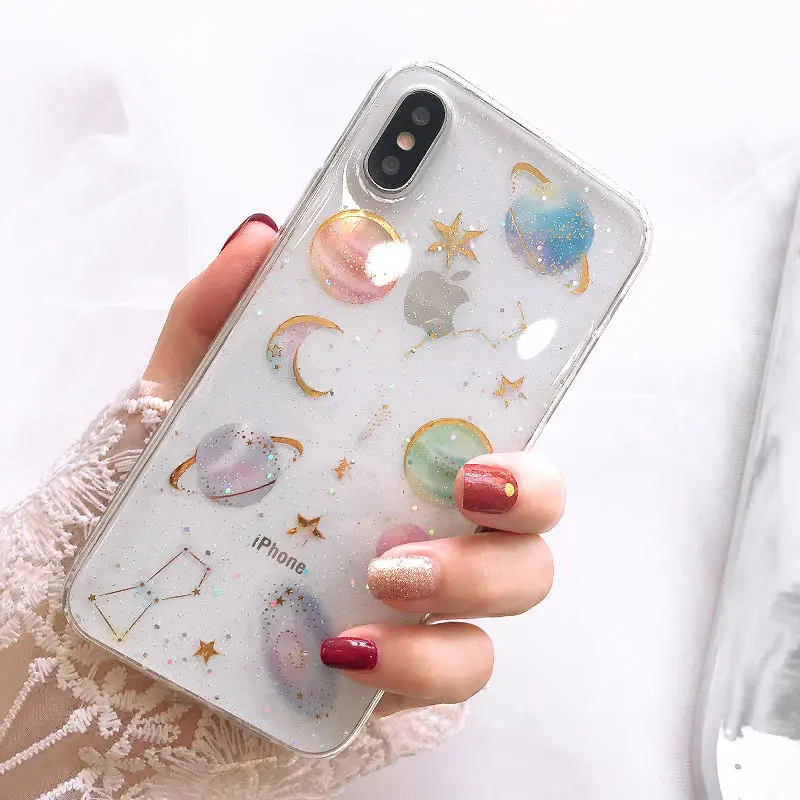 Блестящие чехлы для телефонов с космическими планетами iphone X XS XR Max 7 6 6S 6Plus 8 8Plus