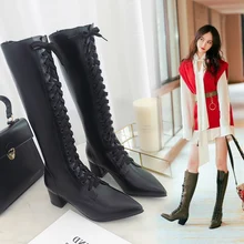 Женская обувь; женская зимняя обувь; кожаные сапоги до колена; брендовые женские зимние сапоги на шнуровке из высококачественной кожи; размеры 35-39