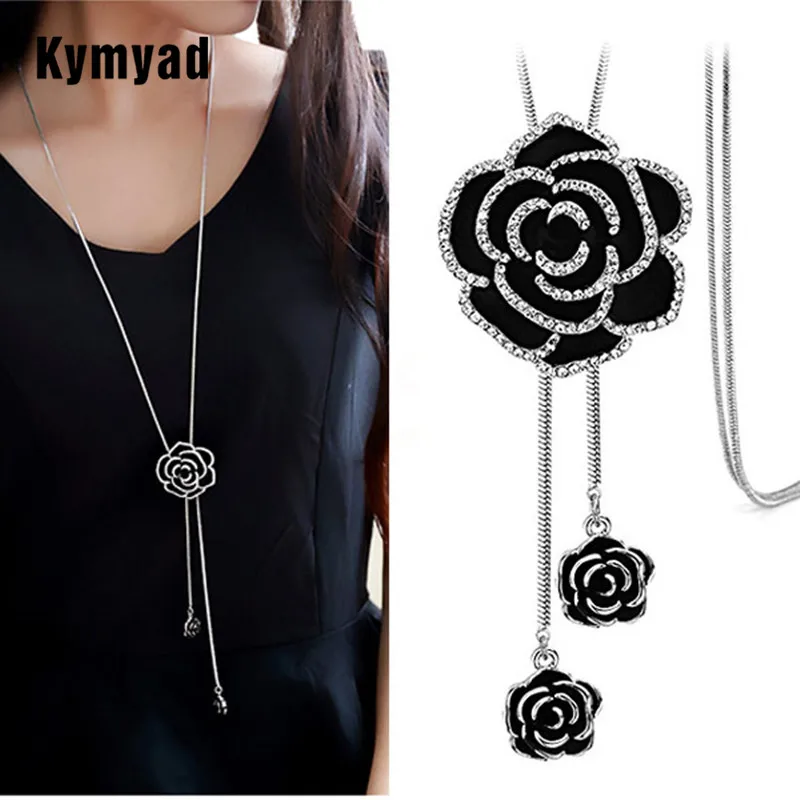 Kymyad Multilayer Korean Necklaces Chain Sweater Long Necklace Crystal Flower Necklaces
