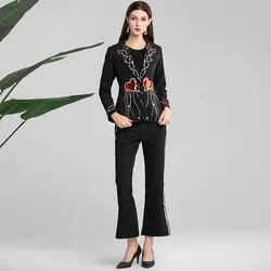 2019 Весенняя мода 2 шт. тонкие наборы офис леди полный рукав отложной воротник блейзеры + брюки блесток вышивка костюмы