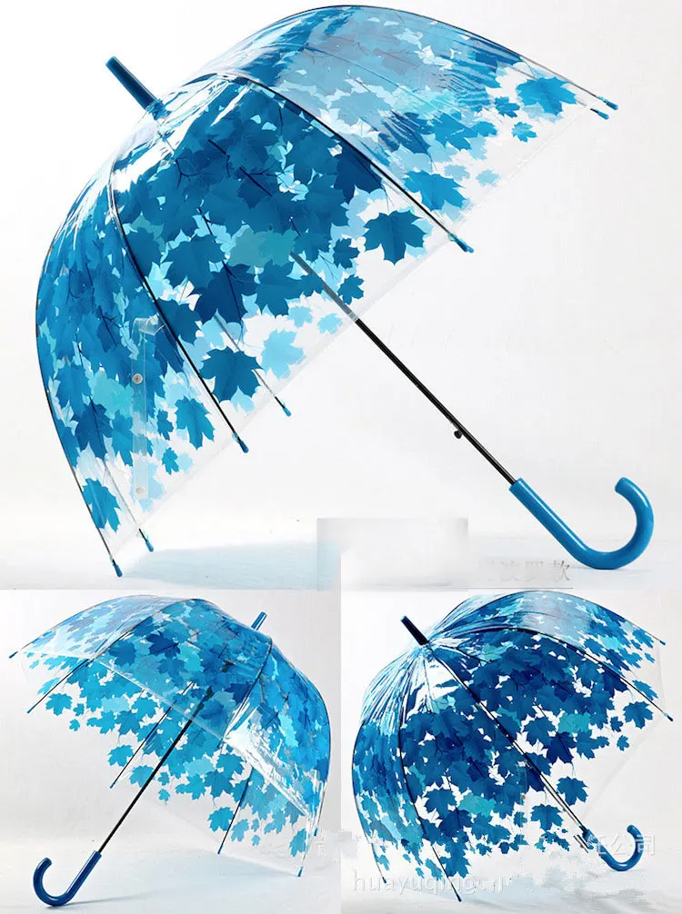 Transparent umbrella long handle green leaf transparent umbrella straight rod hook hook umbrella bubble PVC umbrella zara women