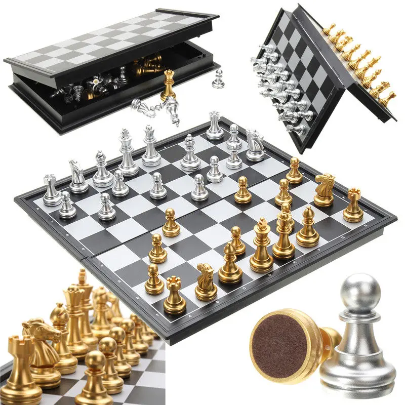 

Chess Game Silver Gold Pieces Folding Magnetic Foldable Board Contemporary Set