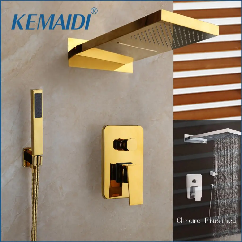 US $67.00 KEMAIDI Chrome amp Golden Plated Bathroom Shower Hand 3 Functions Shower Mixer BathroomSolid Brass Rainfall Waterfall Shower Set