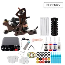 Полный комплект татуировки 1 печатная машина тату-пистолет 10 цветов чернила наконечники из нержавеющей стали игольчатые зажимы боди-арт тату аксессуары набор
