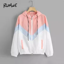 

Romwe Sport Women Color Block Zipper Thin Hooded Running Jacket 2018 Workout Light Jacket Sportswear New Arrival
