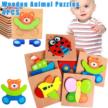 

4 Pcs Wooden Animal Jigsaw Puzzles Toddlers Educational Toys Gift Vibrant Color Shapes S7JN
