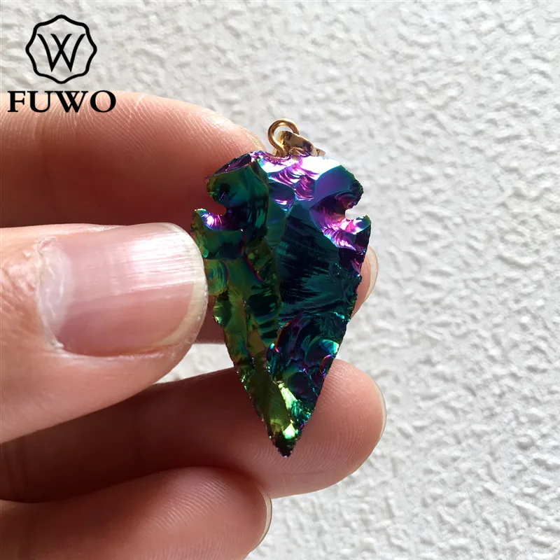 FUWO Fashion Titanium Plated Obsidian Pendant,Gorgeous Rainbow Aura Crystal Arrowhead Jewelry For Necklace Making 5Pcs/Lot PD223 4