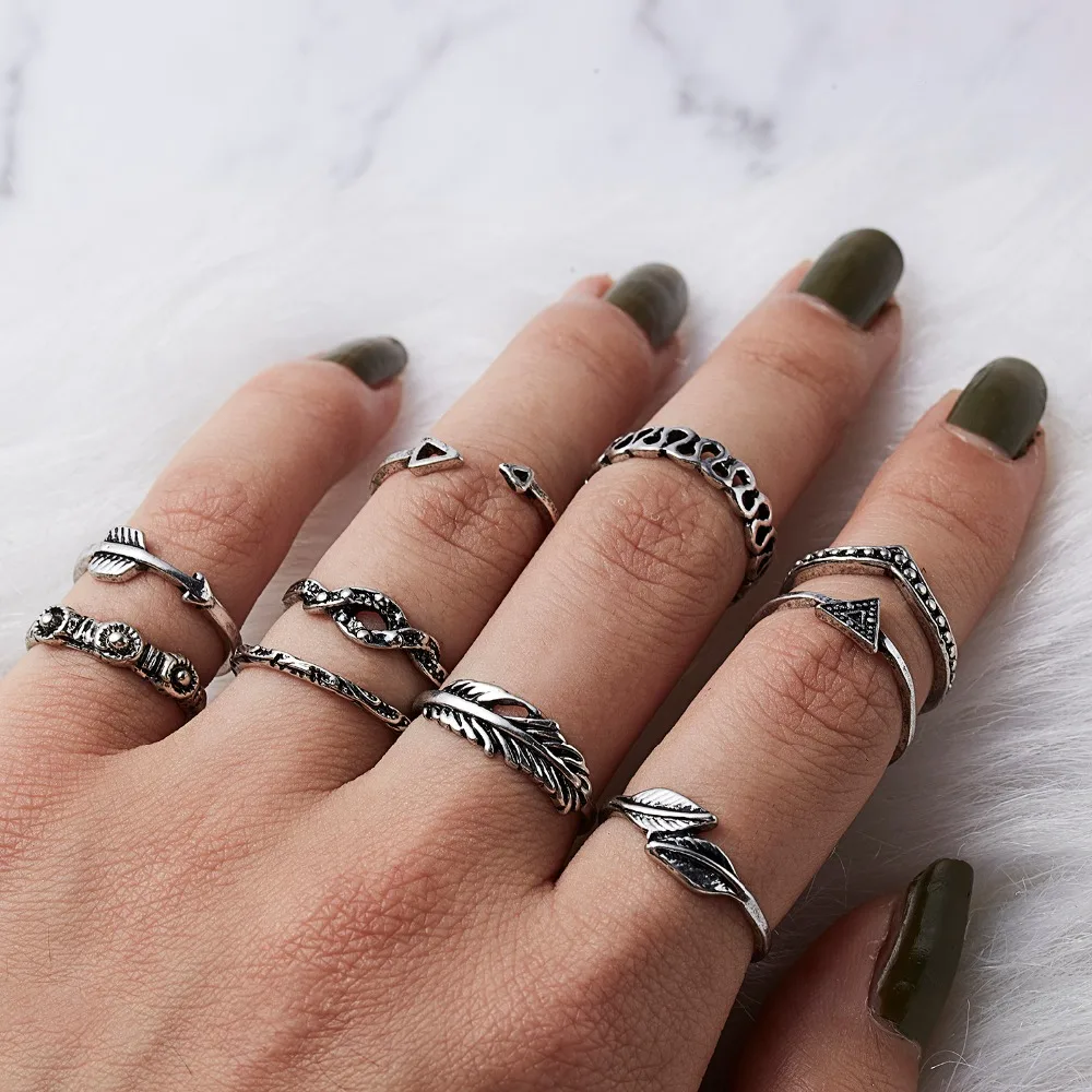 

10 Size Vintage Knuckle Rings Set Geometric Feather Leaf Finger Joint Ring for Women Boho Retro Unique Jewelry Bague Ring