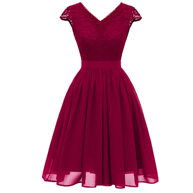 Women Sexy V Neck Lace Chiffon Dress Summer Fairy Retro Party Dress Slim Waist Robes femme ete 2018 Swing Vintage Dress Pink (1)
