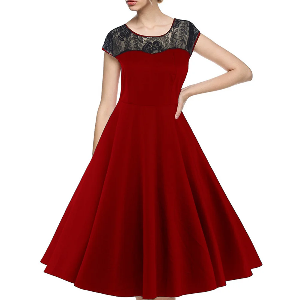 Женское кружевное лоскутное платье с коротким рукавом длиной до колена Плиссированное ТРАПЕЦИЕВИДНОЕ ПЛАТЬЕ-вечернее, элегантное, для