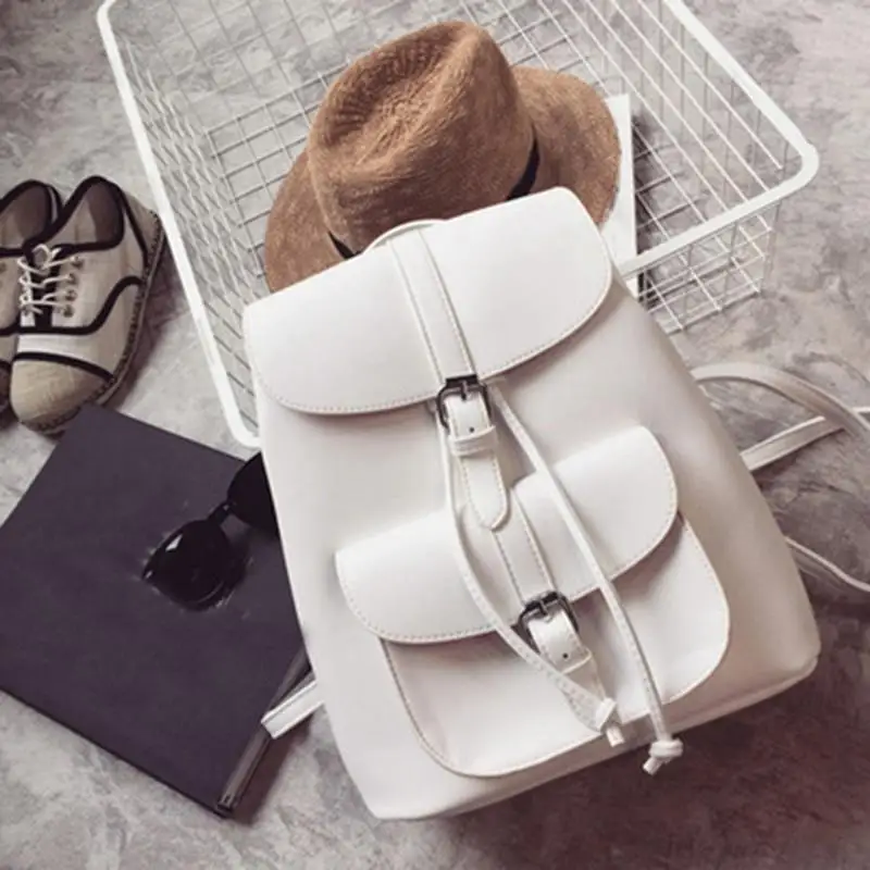 

JHD-Fashionable Women's Pull-Rope Pu Leather Backpack Belt Decoration Schoolbag Student Shoulder Bag(White)