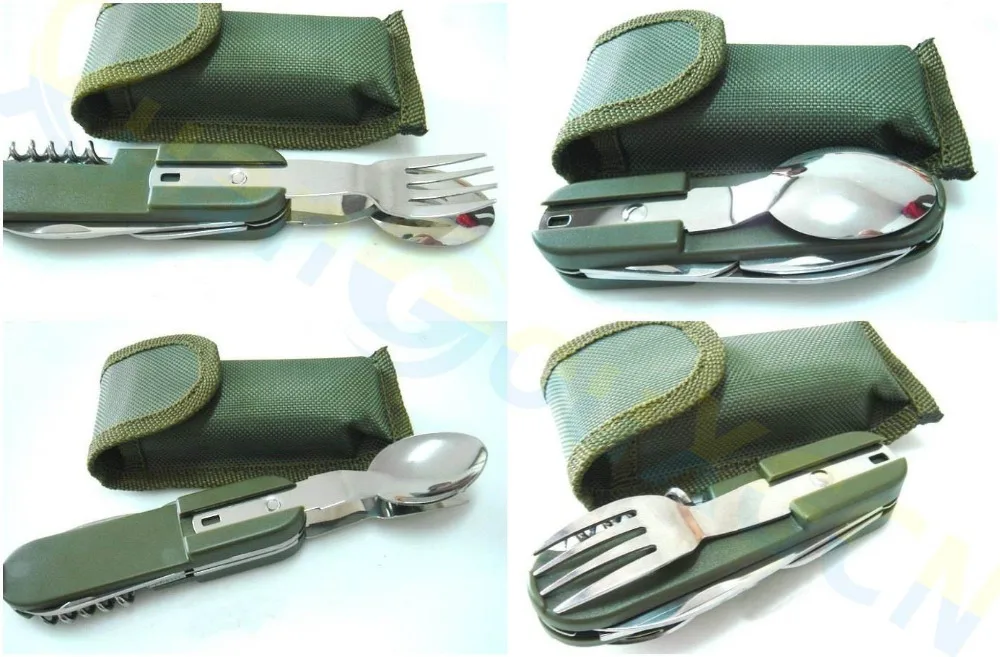 10 * al aire libre de acero inoxidable de vajilla de Picnic cuchillo tenedor cuchara abrelatas de botella del Kit de viaje portátil plegable de Camping utensilio de herramientas