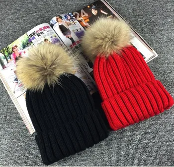 

Autumn and winter fur oversized hair ball knitted hat solid color knitted hat fox fur raccoon fur ball female hat
