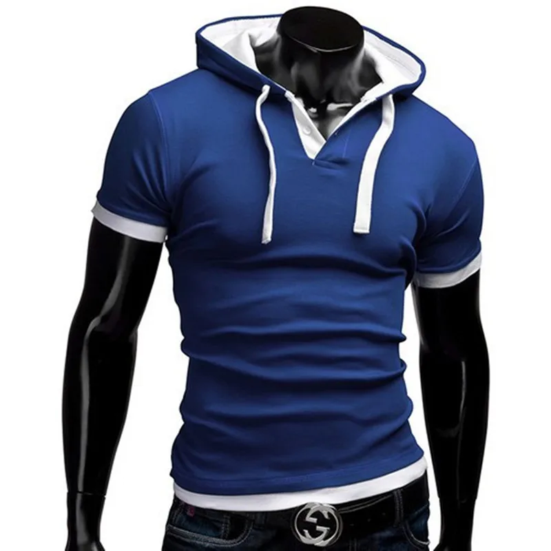 Новая Стильная летняя высококачественная повседневная мужская рубашка поло с капюшоном, прошитая, с короткими рукавами, тонкая серая синяя рубашка-поло