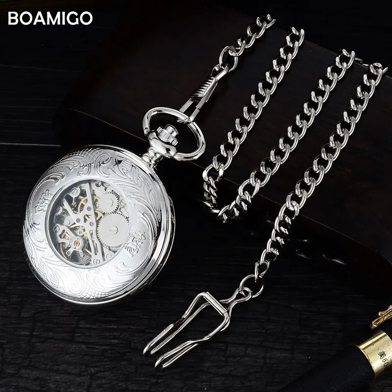 FOB, мужские карманные часы, антикварные механические часы, BOAMIGO, брендовые, скелет, римские цифры, часы, серебряная цепочка, подарок, часы, reloj hombre