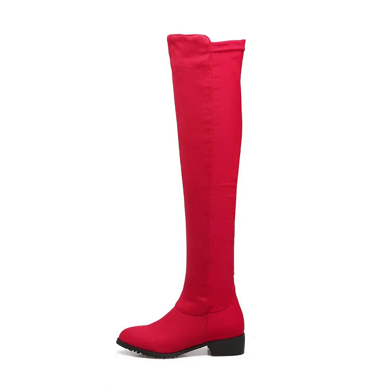 Модные женские сапоги выше колена; удобные эластичные сапоги до бедра из искусственной замши на низком каблуке с боковой молнией; цвет черный, красный, коричневый