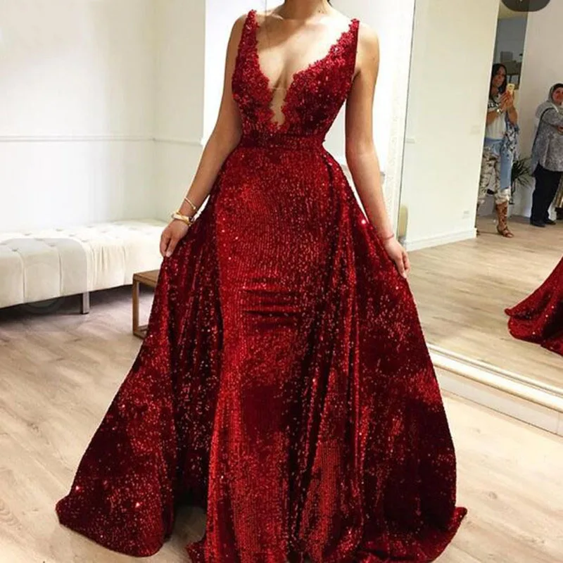 

Chic Long Mermaid Sequin Burgundy Arabic Evening Party Dress 2019 Formal Prom Gowns with Detachable Train vestido sirena largo