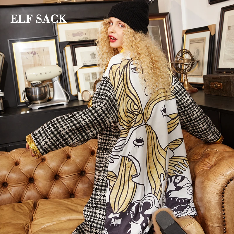 ELF SACK New Winter Woman Wool Blends Winter Coat Casual Winter Jacket Vintage Wool Blend Jacket Long Windbreaker Jacket Wool