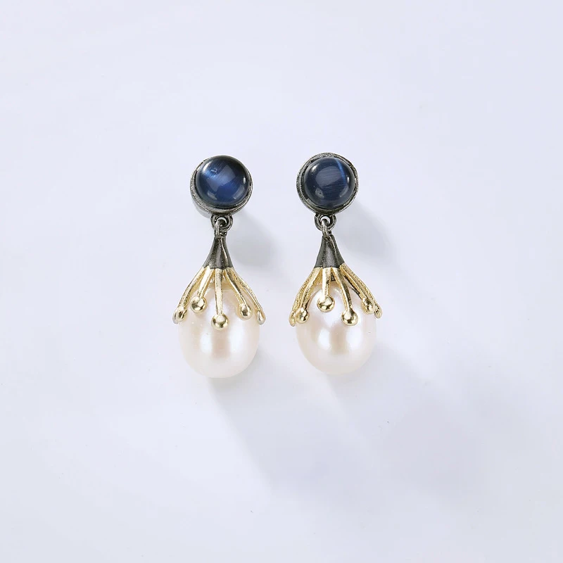 

INALIS New Luxurious Noble Drop Earrings 925 Sterling Silver White Sea Shel Pearl Dangle with Blue Cat Eye Crystal Brincos Party