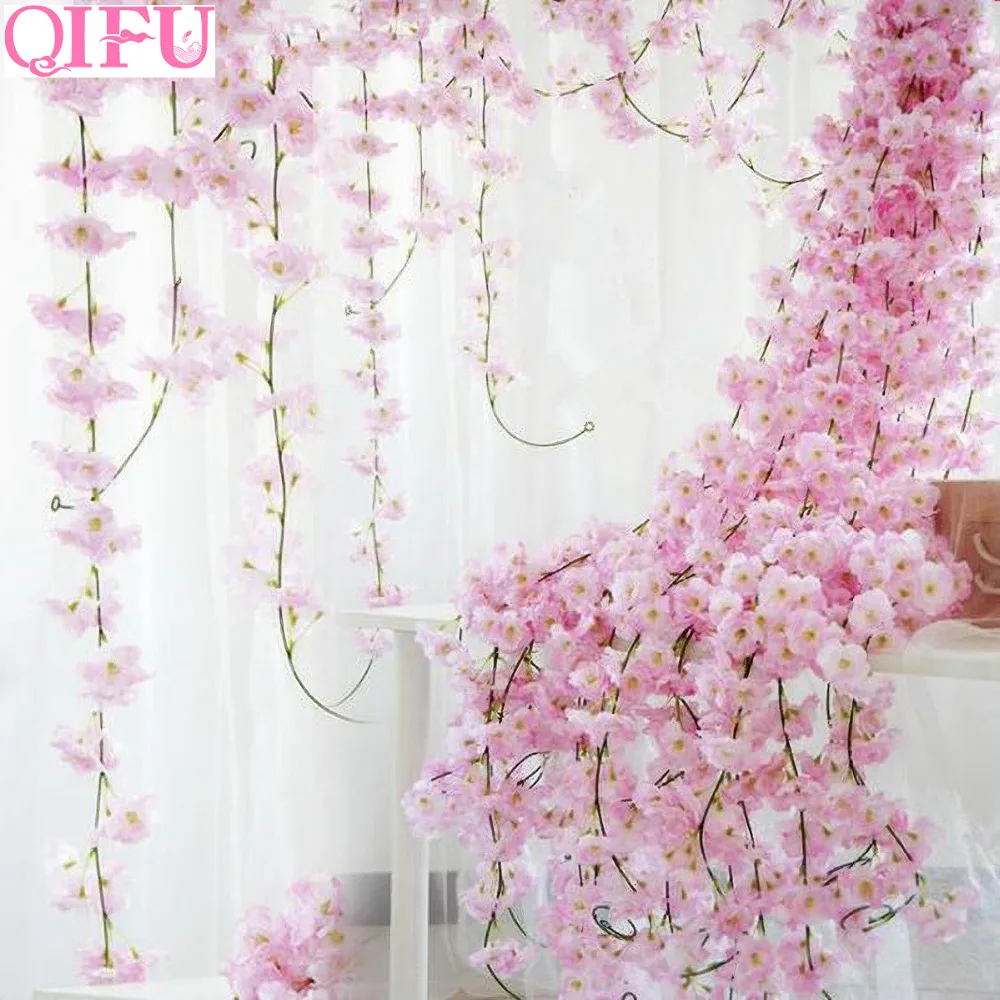 

QIFU 200cm Sakura Cherry Blossom Rattan Vine Artificial Flowers Silk Wedding Party Decoration Ivy Wall Hanging Garland Wreath