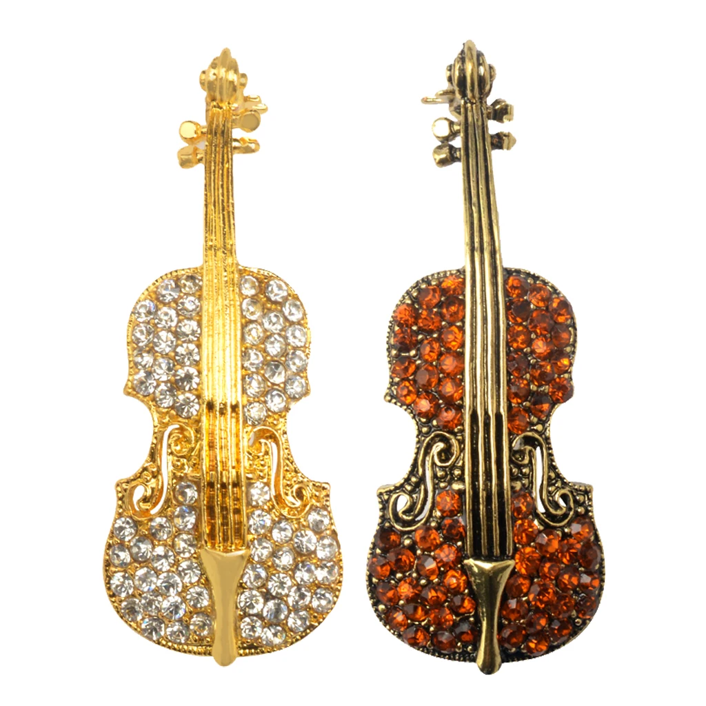 Women Men Retro Crystal Rhinestone Violin Cello Music Instrument Brooch Pin