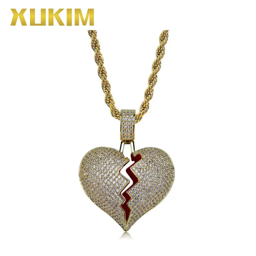 

IOP001 Xukim Jewelry Break Heart Broken Heart Hip Hop Iced Out Pendant Necklace