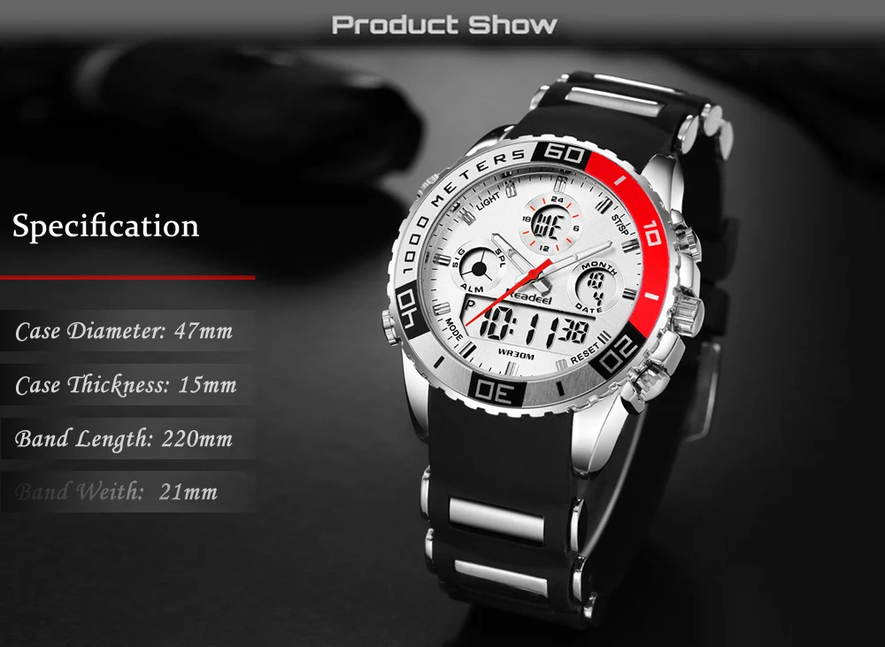 Readeel Брендовые мужские спортивные часы, 2 часовых пояса, мужские модные часы, резиновые цифровые кварцевые наручные часы, мужские часы