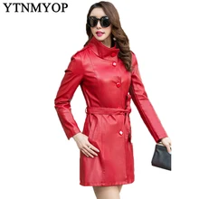 Женский Длинный кожаный Тренч весна и осень Женское кожаное пальто Верхняя одежда тонкие модные кожаные куртки с поясом замша плюс
